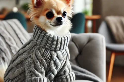 an adorable Chihuahua looking cozy and chic in a cable-knit sweater.