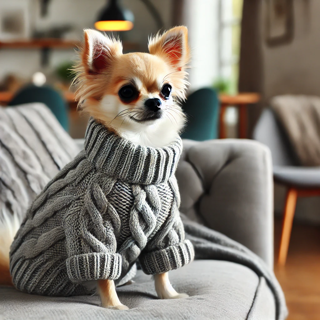an adorable Chihuahua looking cozy and chic in a cable-knit sweater.