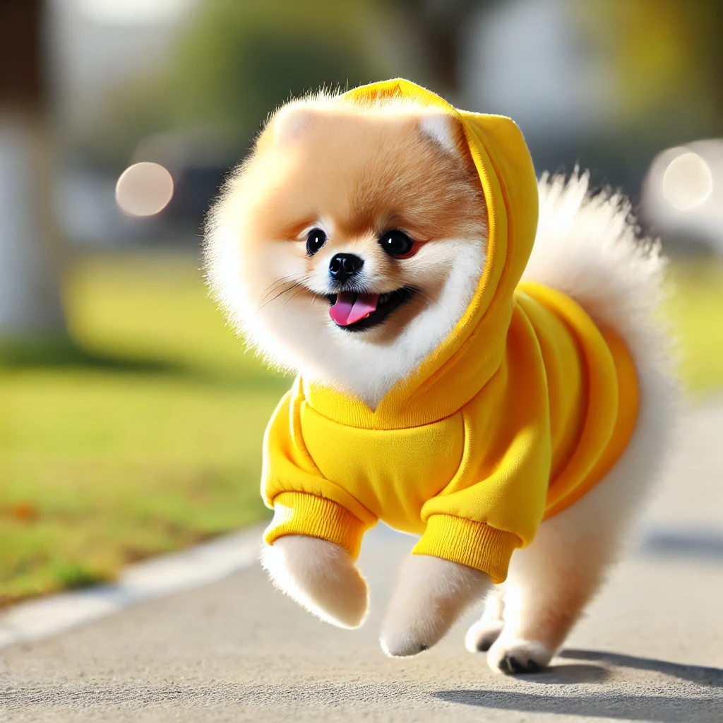 A fluffy Pomeranian running happily outdoors wearing a bright yellow dog hoodie. The hoodie fits snugly and has a small hood resting on the back.
