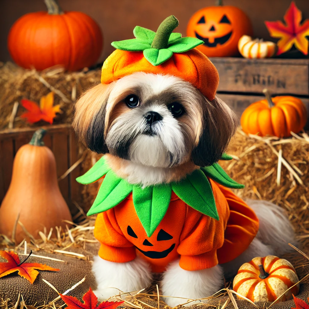 Adorable Shih Tzu sitting on a hay bale, dressed in a bright orange pumpkin costume with a green leafy collar, surrounded by pumpkins and autumn leaves in a festive fall setting.