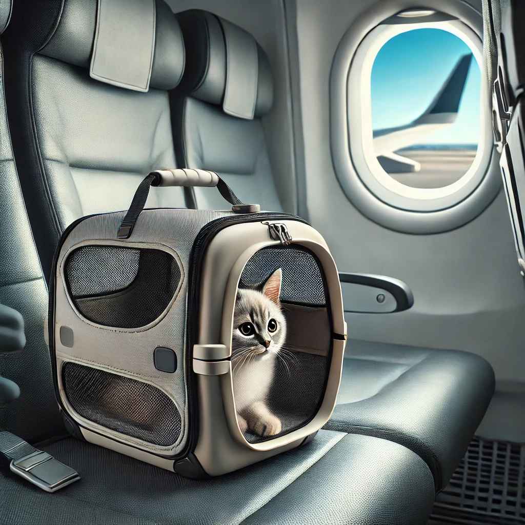 soft-sided airline-approved pet carrier under an airplane seat with a curious cat peeking out, designed for pet travel comfort and safety.
