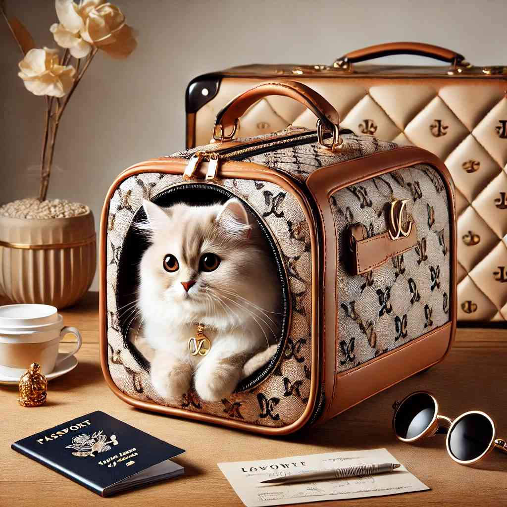 Stylish cat sitting inside a luxury pet carrier with quilted design, gold zippers, and elegant travel accessories, perfect for fashionable pet travel.