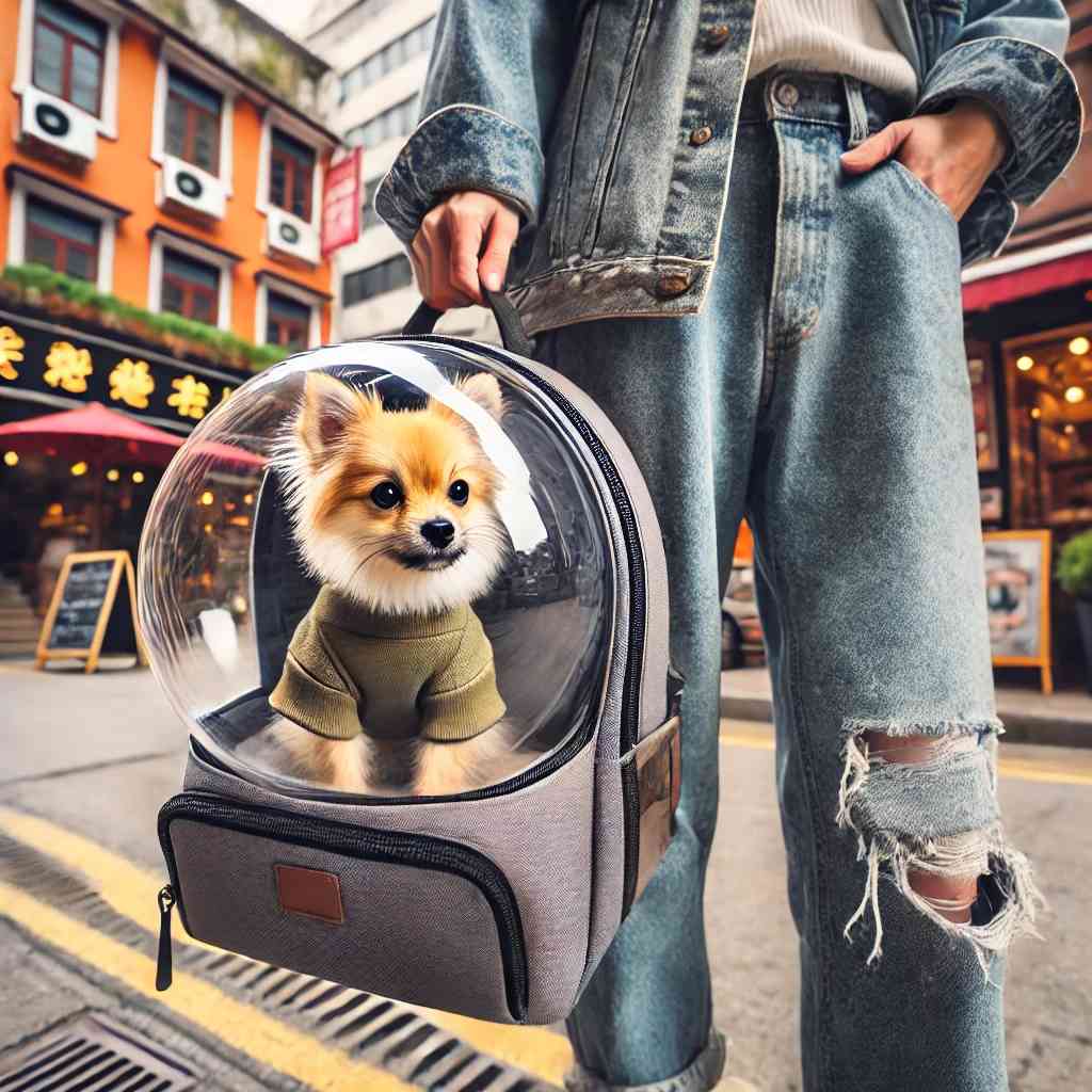 Small dog sitting comfortably inside a stylish bubble backpack carrier, perfect for hands-free travel and outdoor adventures.