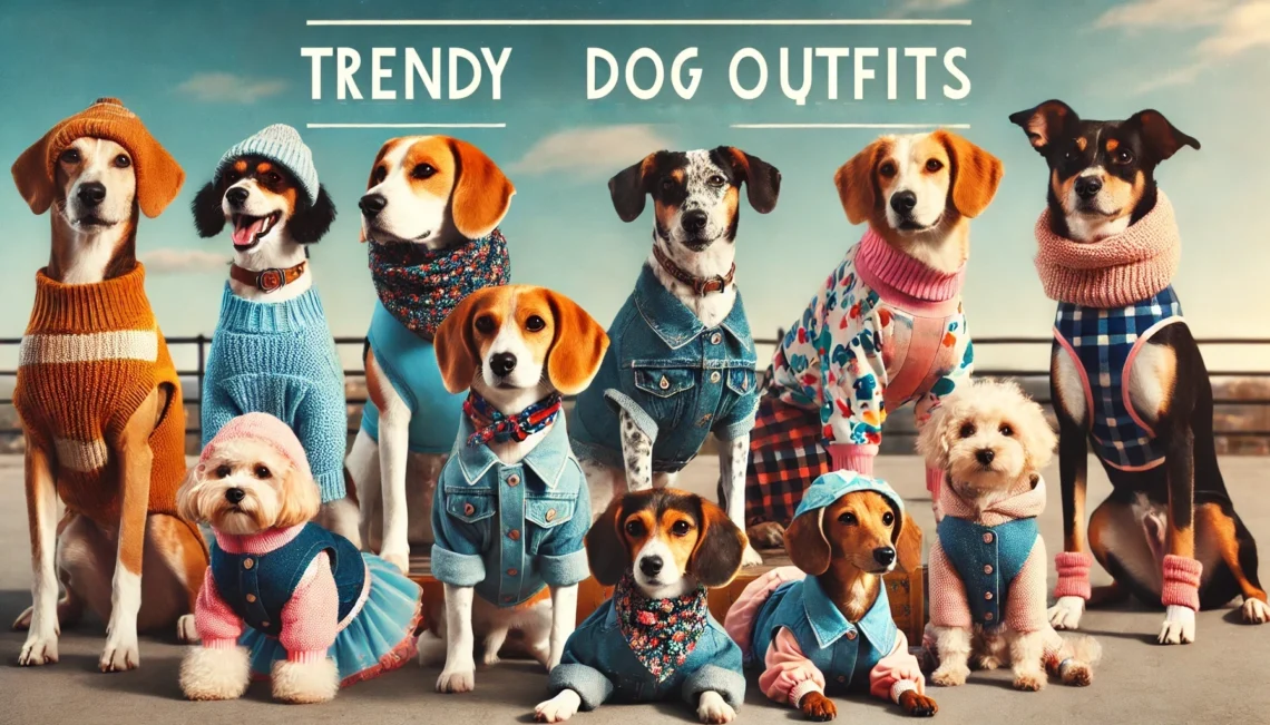 Group of stylish small and medium-sized dogs, including beagles, poodles, and dachshunds, posing outdoors in trendy outfits like sweaters, denim jackets, floral bandanas, and raincoats, with the text 'TRENDY DOG OUTFITS' overlaid in a playful modern font.